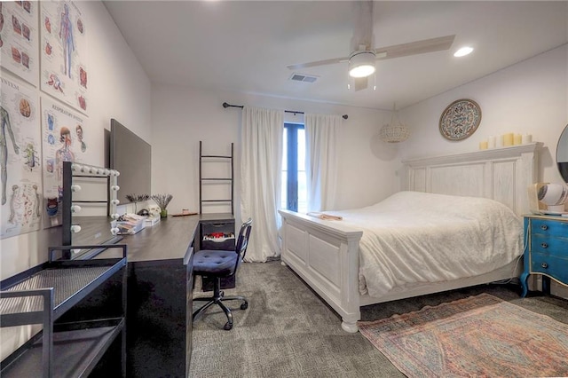 carpeted bedroom featuring recessed lighting, visible vents, and ceiling fan