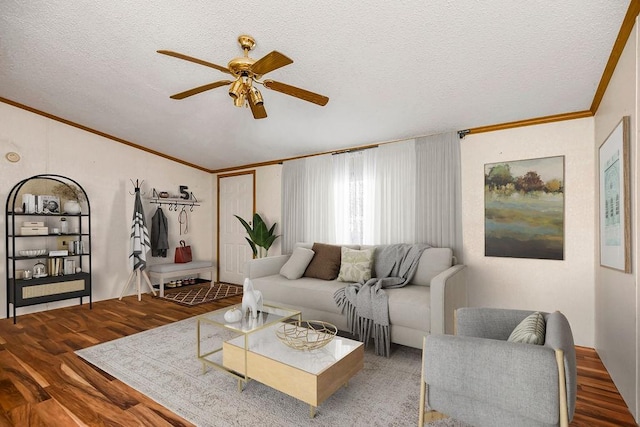 living room featuring ceiling fan, crown molding, a textured ceiling, and hardwood / wood-style floors