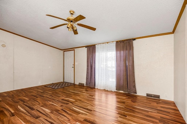 unfurnished room with crown molding, a textured ceiling, hardwood / wood-style flooring, and ceiling fan