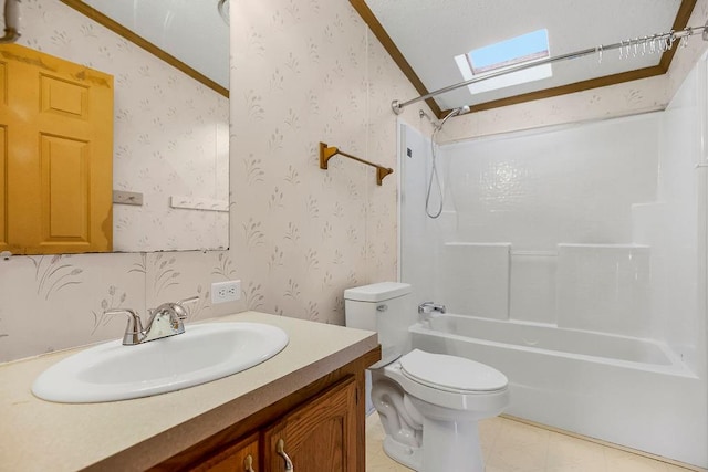 full bathroom featuring vaulted ceiling, toilet, vanity, crown molding, and washtub / shower combination