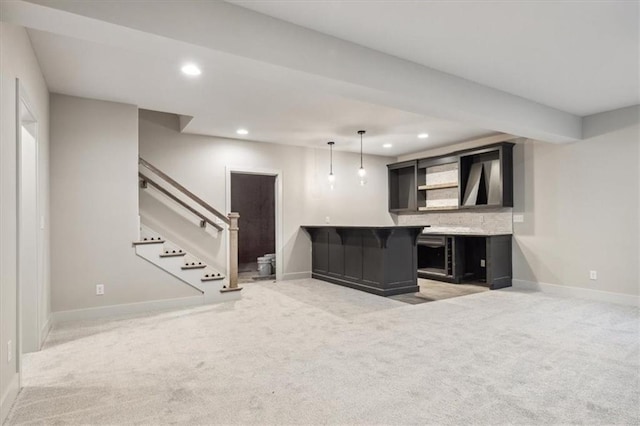 interior space featuring light colored carpet