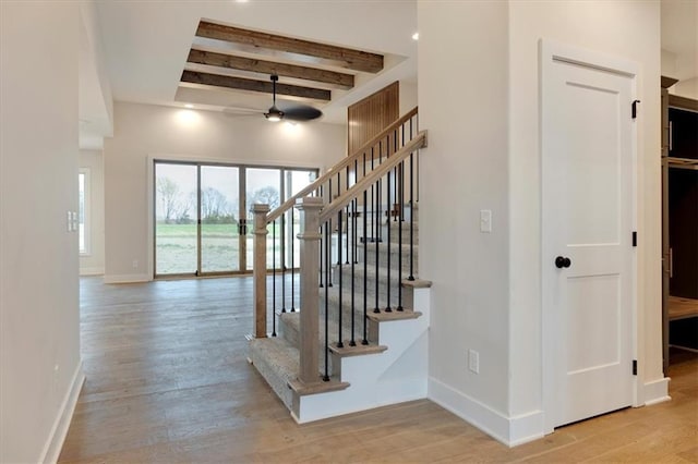 staircase featuring ceiling fan, beamed ceiling, and hardwood / wood-style floors