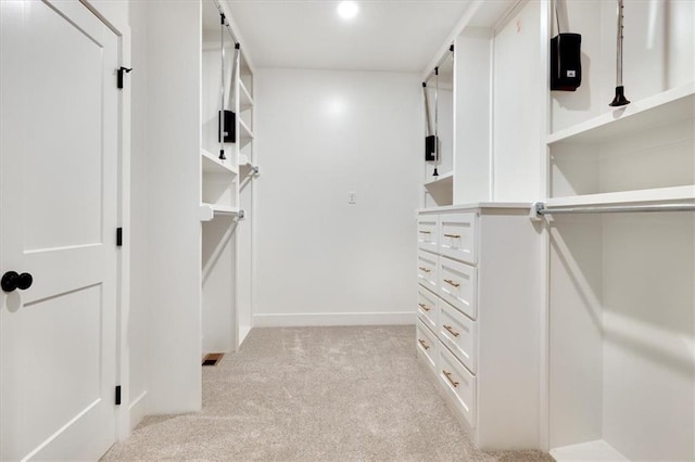 walk in closet with light carpet