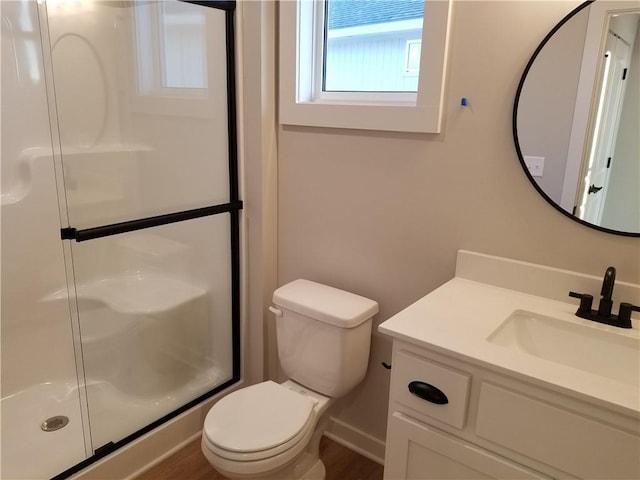 bathroom with vanity, toilet, and a shower with shower door