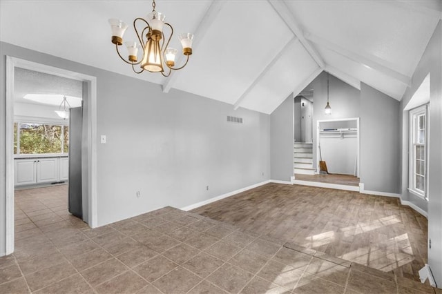 bonus room with lofted ceiling with beams, hardwood / wood-style flooring, and a notable chandelier