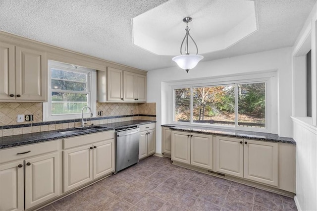 kitchen with decorative light fixtures, stainless steel dishwasher, tasteful backsplash, and sink