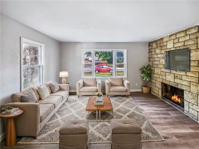 living room with a stone fireplace and wood-type flooring