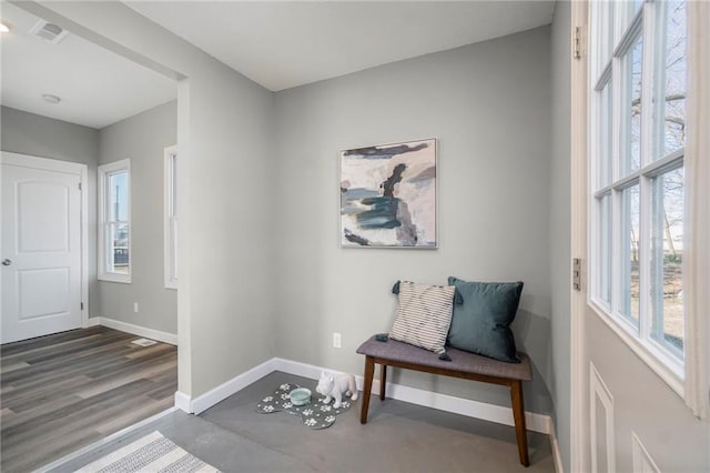 sitting room featuring dark wood-type flooring and plenty of natural light