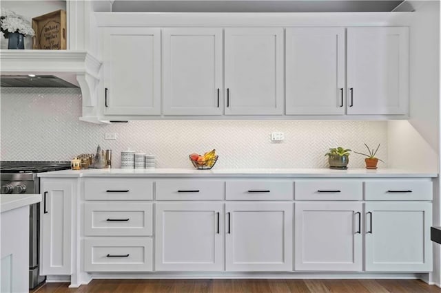 bar with dark hardwood / wood-style flooring, stainless steel gas range, tasteful backsplash, and white cabinetry