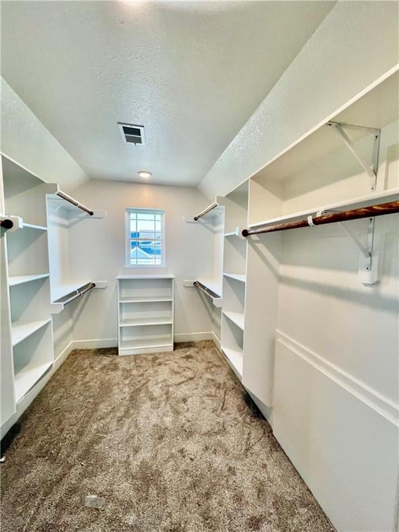 spacious closet with carpet floors and vaulted ceiling