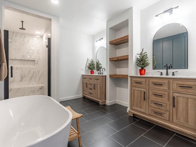 bathroom with vanity, built in shelves, separate shower and tub, and tile patterned floors