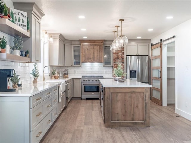 kitchen featuring appliances with stainless steel finishes, tasteful backsplash, a barn door, light hardwood / wood-style floors, and hanging light fixtures