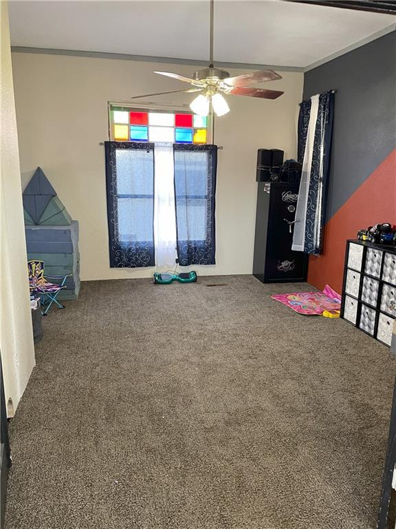 recreation room featuring carpet, ceiling fan, and ornamental molding