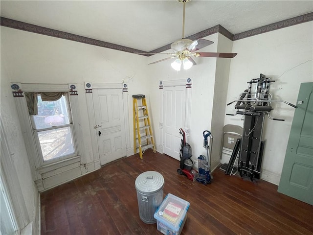 misc room with dark hardwood / wood-style floors and ceiling fan