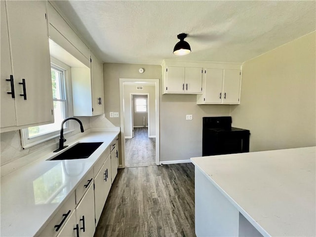 kitchen with white cabinets, dark hardwood / wood-style floors, sink, and a textured ceiling