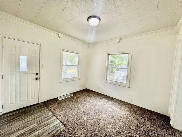 carpeted foyer entrance featuring ornamental molding and a wealth of natural light