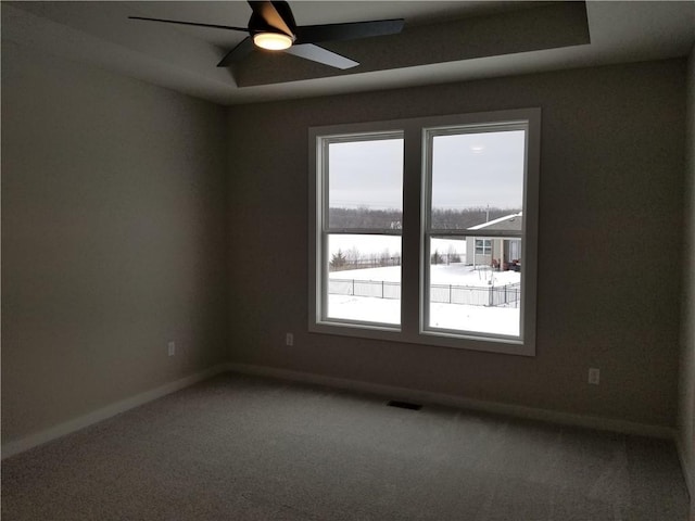 carpeted spare room featuring baseboards, visible vents, and a tray ceiling