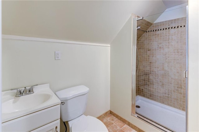 bathroom featuring vanity, toilet, tile patterned floors, and an enclosed shower