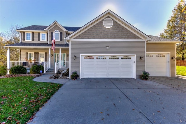 view of front of home with a porch, a front yard, and a garage