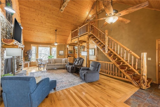 living room with ceiling fan, wood ceiling, and high vaulted ceiling