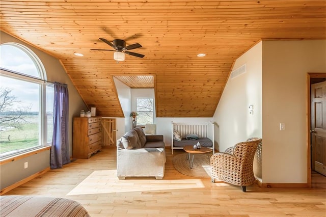 sitting room featuring wooden ceiling, ceiling fan, lofted ceiling, and light hardwood / wood-style flooring