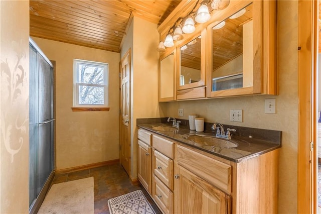 bathroom with vanity, wood ceiling, and lofted ceiling