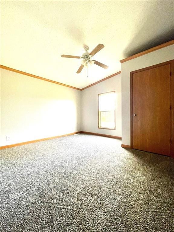 carpeted empty room with ceiling fan and ornamental molding