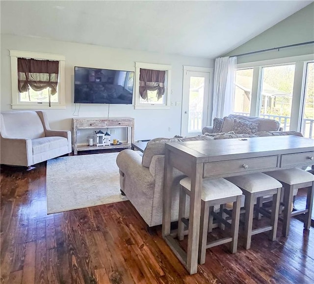 living area featuring vaulted ceiling and dark wood-style flooring