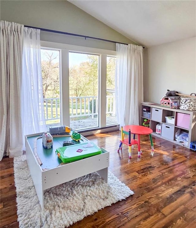 recreation room with a healthy amount of sunlight, wood finished floors, and vaulted ceiling