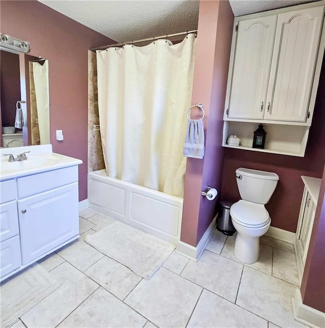 bathroom with tile patterned flooring, toilet, vanity, shower / bath combination with curtain, and a textured ceiling