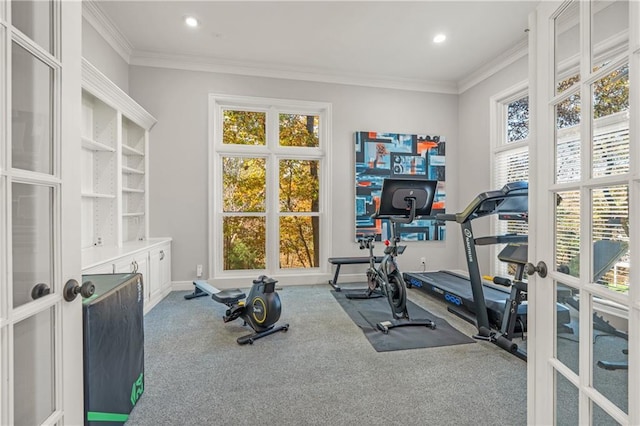 exercise room with ornamental molding, carpet floors, french doors, and recessed lighting