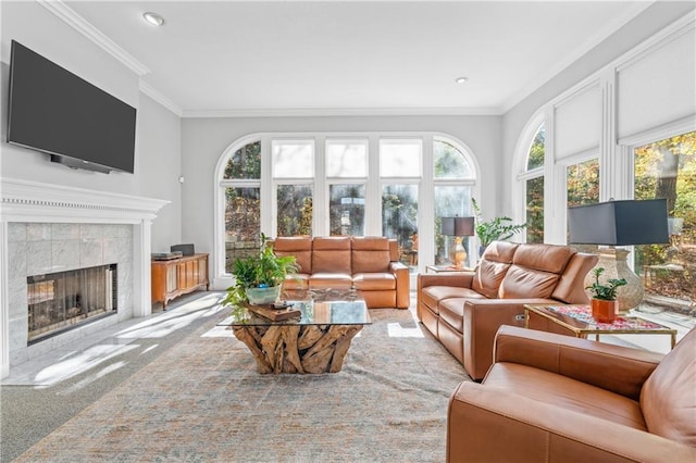 sunroom / solarium with a tiled fireplace