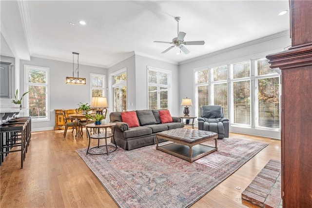 living room with a healthy amount of sunlight, light wood finished floors, baseboards, and ornamental molding