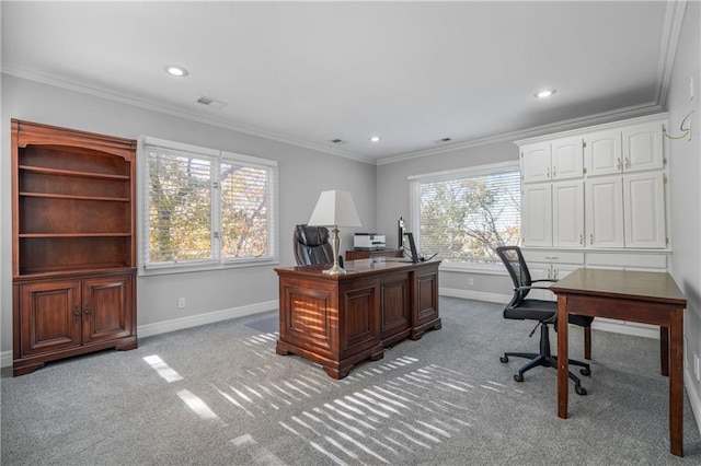 carpeted office with ornamental molding, recessed lighting, visible vents, and baseboards