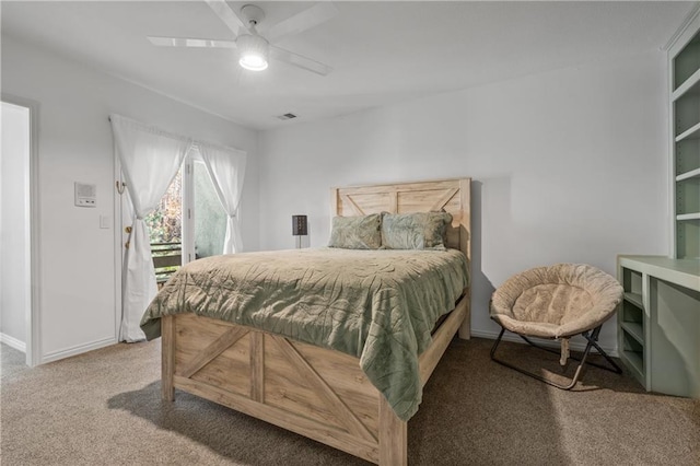 bedroom featuring ceiling fan, visible vents, baseboards, access to outside, and carpet