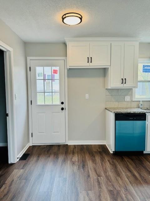 kitchen with white cabinetry, dishwasher, and dark hardwood / wood-style floors