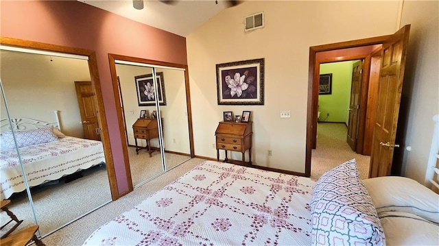 bedroom featuring light carpet, a closet, lofted ceiling, and ceiling fan