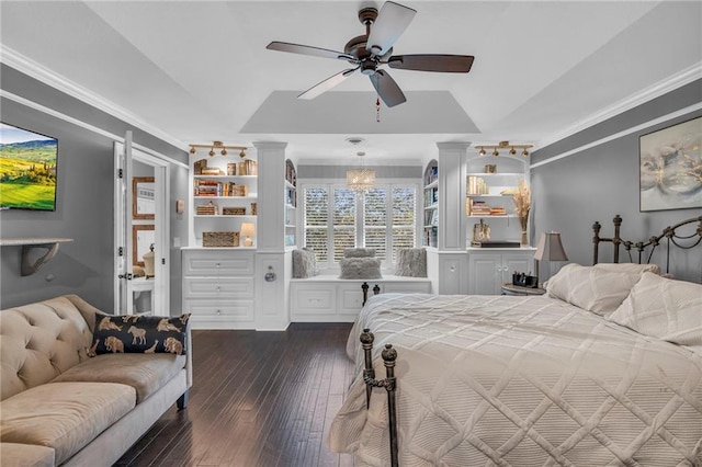 bedroom featuring crown molding, ceiling fan with notable chandelier, dark wood-type flooring, and lofted ceiling