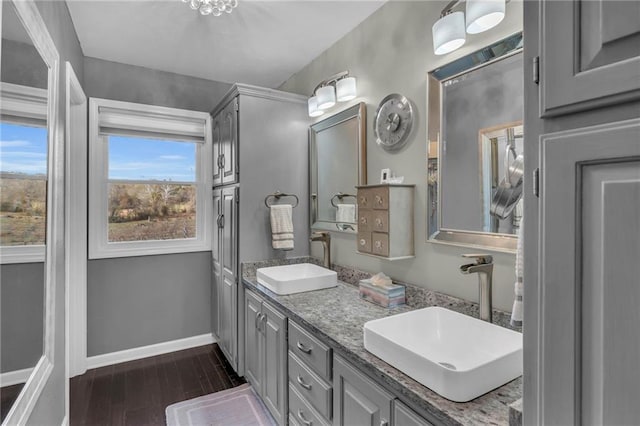 bathroom with vanity and hardwood / wood-style flooring