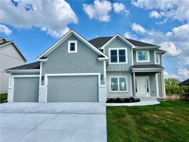 7709 NE 106th Pl, Kansas City, MO 64157 - view of front of house featuring an attached garage, stone siding, driveway, board and batten siding, and a shingled roof