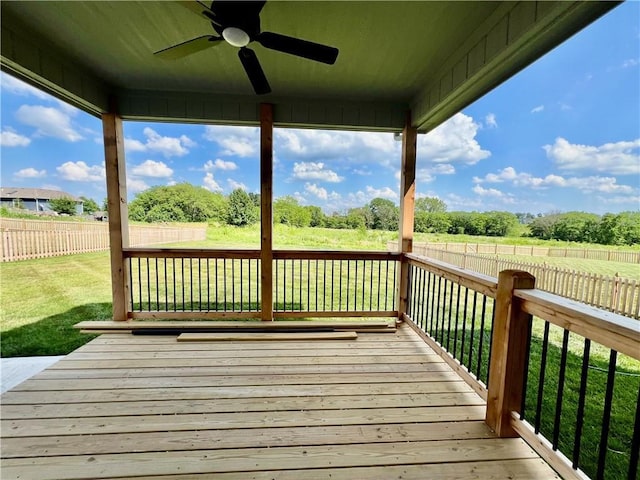 7709 NE 106th Pl, Kansas City, MO 64157 - wooden deck with a ceiling fan and a fenced backyard