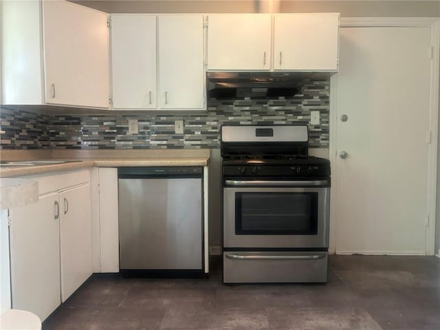 kitchen with white cabinetry, range hood, tasteful backsplash, and appliances with stainless steel finishes