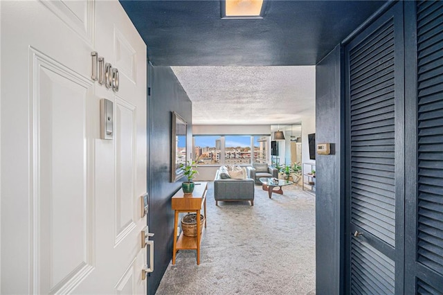 hall featuring carpet flooring and a textured ceiling