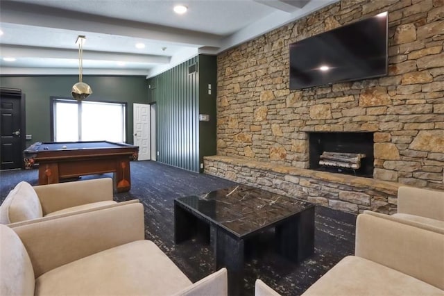 playroom featuring beam ceiling and billiards