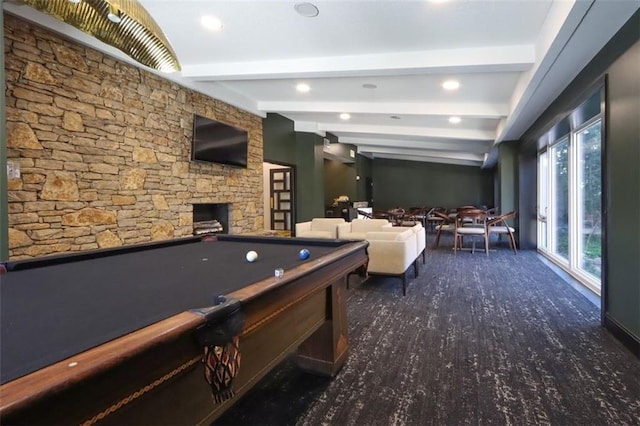 game room with beam ceiling, dark hardwood / wood-style flooring, a fireplace, and pool table