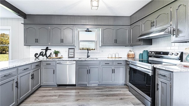 15700 E 202nd St, Peculiar, MO 64078 - kitchen featuring appliances with stainless steel finishes, under cabinet range hood, a sink, gray cabinetry, and decorative backsplash
