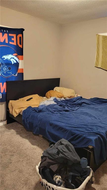 carpeted bedroom with a textured ceiling