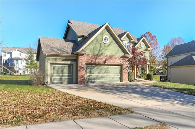 traditional-style home featuring brick siding, a shingled roof, an attached garage, a residential view, and driveway