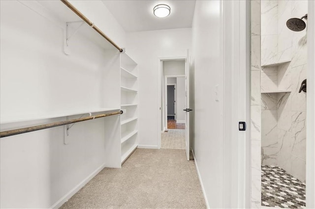 spacious closet featuring light carpet