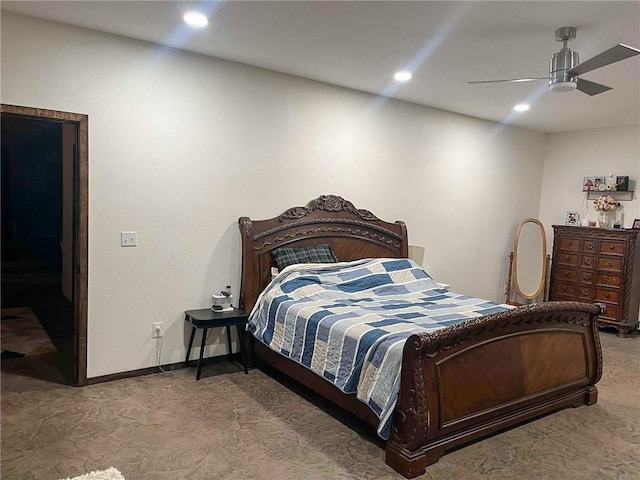 bedroom with recessed lighting, ceiling fan, and baseboards